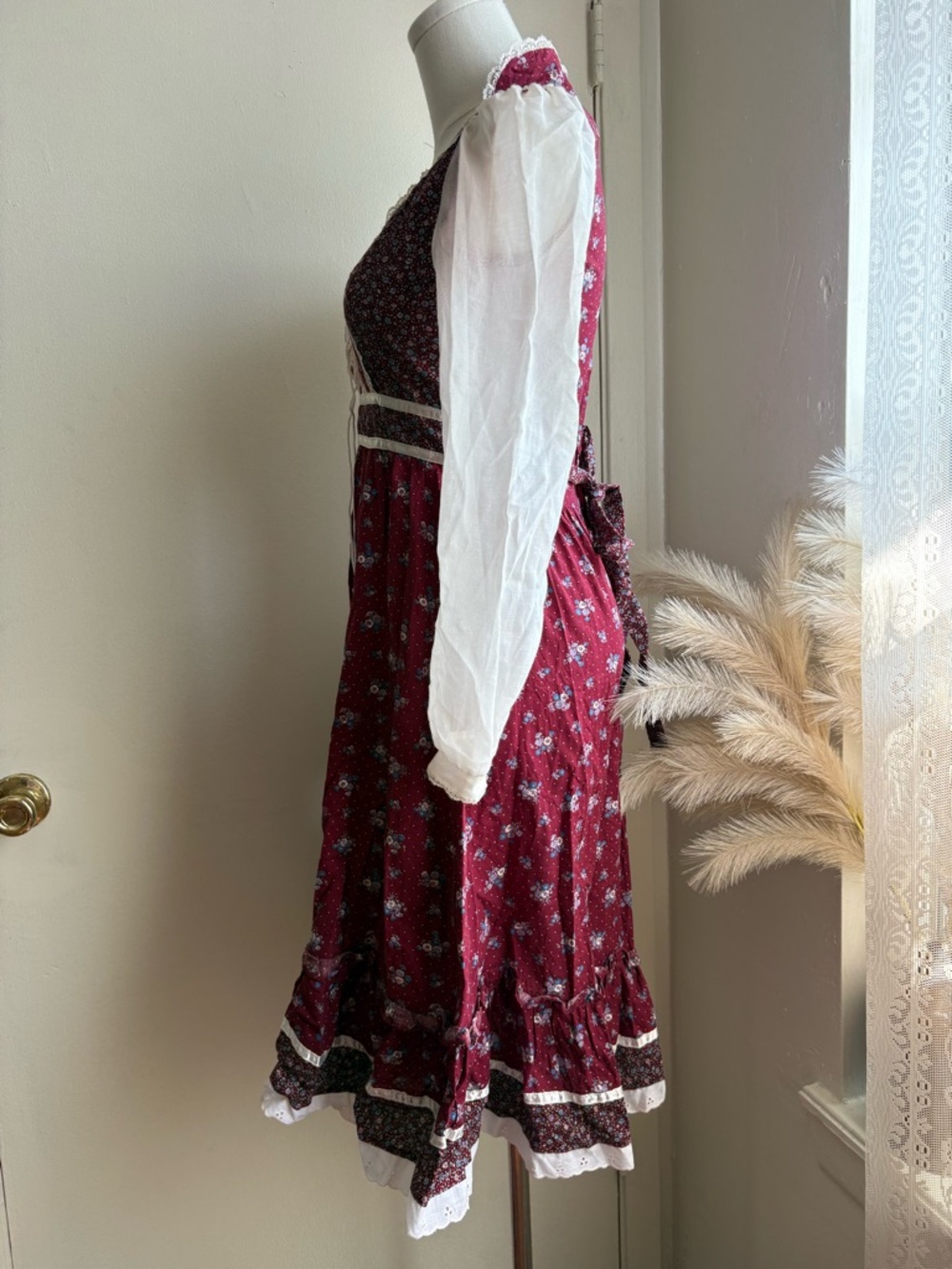 gunne sax 70s vintage maroon floral prairie long sleeve dress - Picture 3 of 8